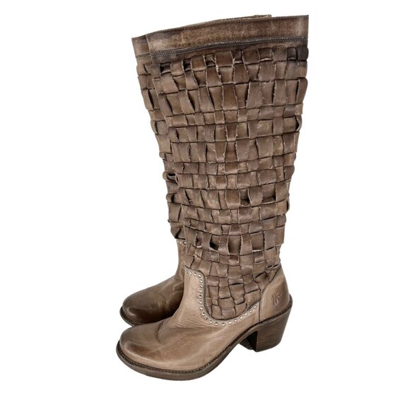 Frye Carmen Woven Tall Western Riding Boots Size‎ 6.5 Brown Leather Studded - Picture 1 of 16